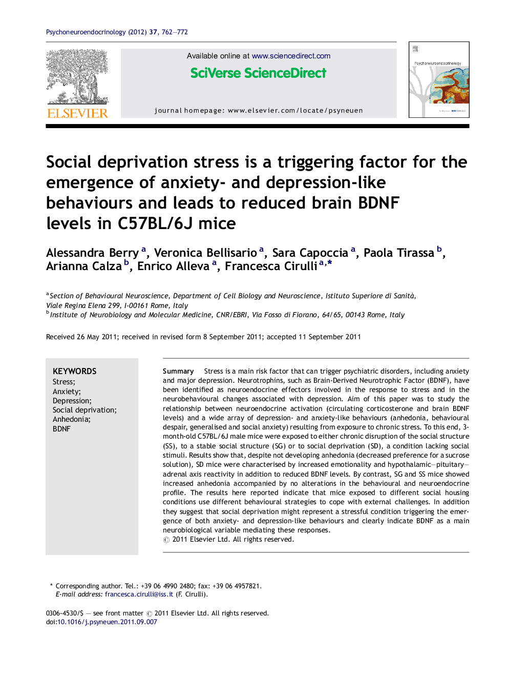 Social deprivation stress is a triggering factor for the emergence of anxiety- and depression-like behaviours and leads to reduced brain BDNF levels in C57BL/6J mice