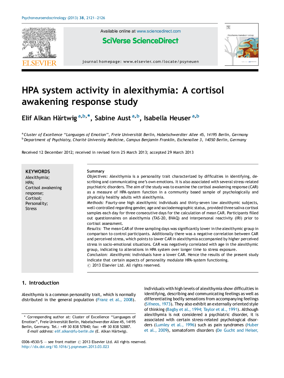 HPA system activity in alexithymia: A cortisol awakening response study