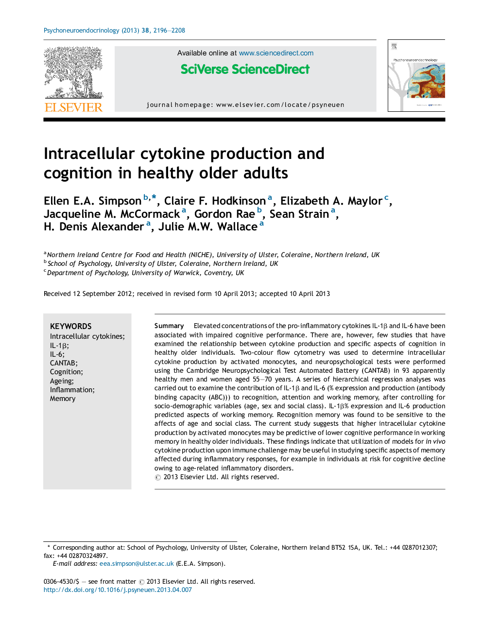 Intracellular cytokine production and cognition in healthy older adults