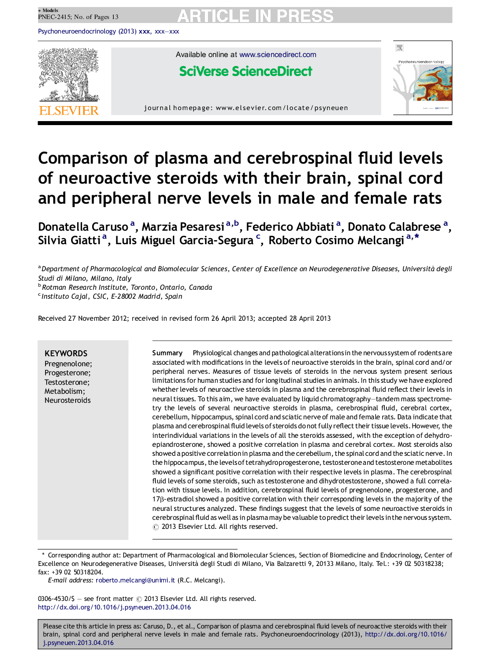 Comparison of plasma and cerebrospinal fluid levels of neuroactive steroids with their brain, spinal cord and peripheral nerve levels in male and female rats