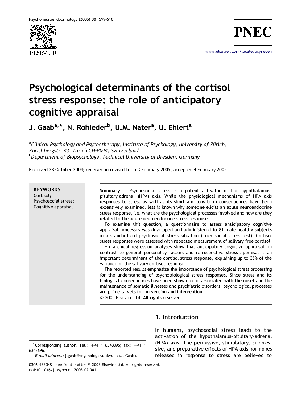 Psychological determinants of the cortisol stress response: the role of anticipatory cognitive appraisal