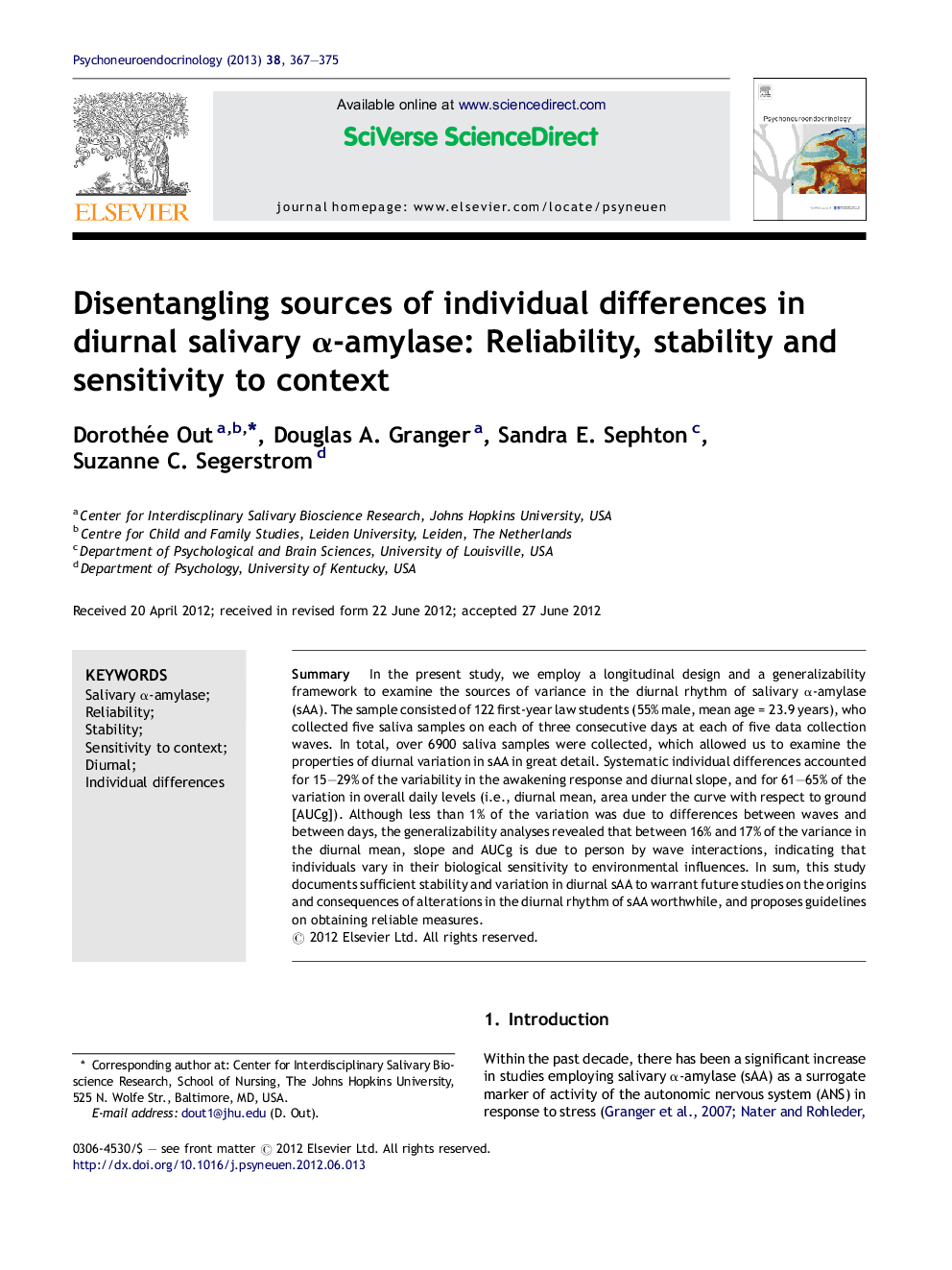 Disentangling sources of individual differences in diurnal salivary Î±-amylase: Reliability, stability and sensitivity to context