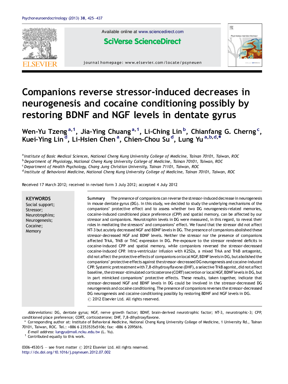 Companions reverse stressor-induced decreases in neurogenesis and cocaine conditioning possibly by restoring BDNF and NGF levels in dentate gyrus