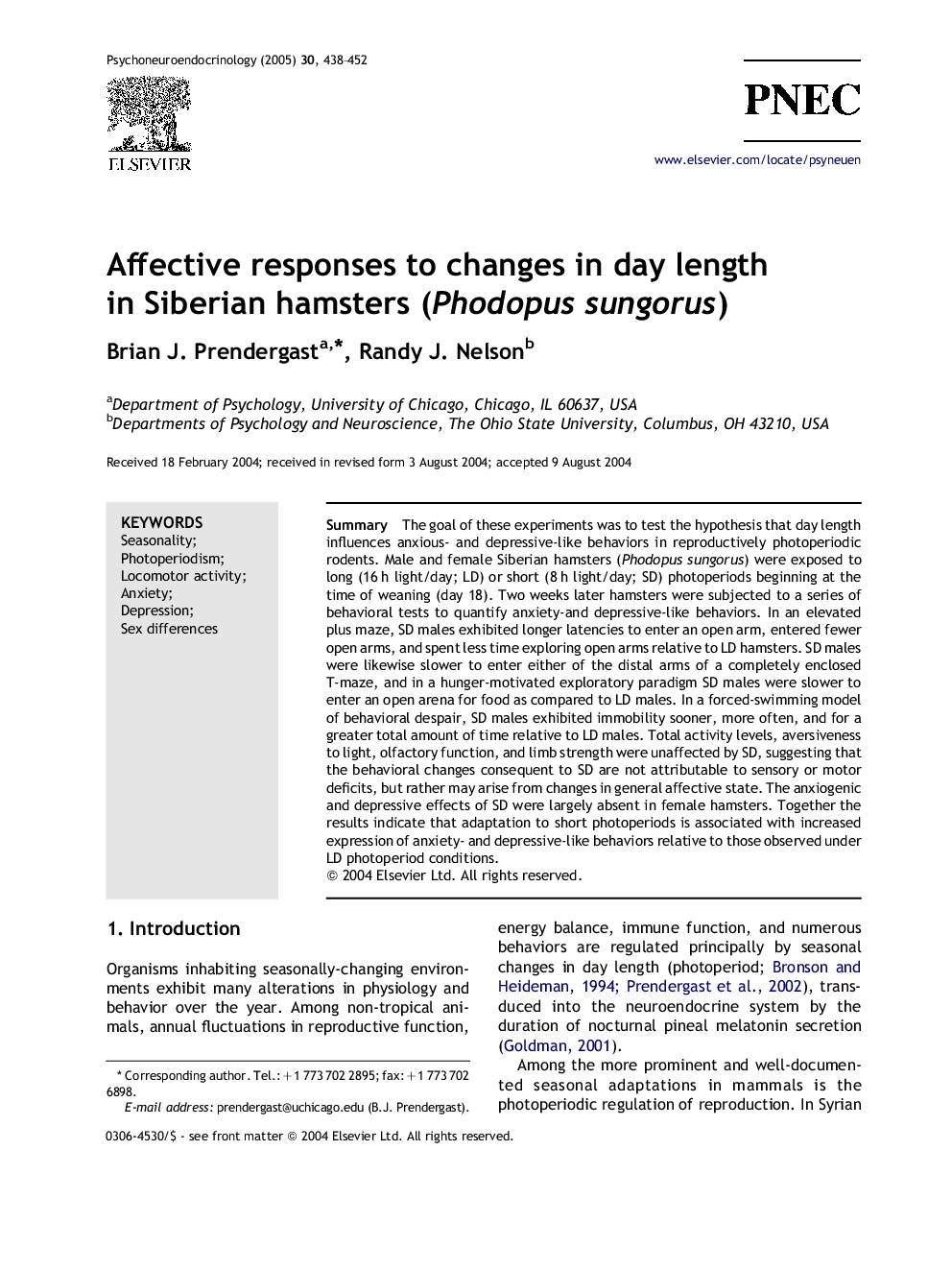 Affective responses to changes in day length in Siberian hamsters (Phodopus sungorus)