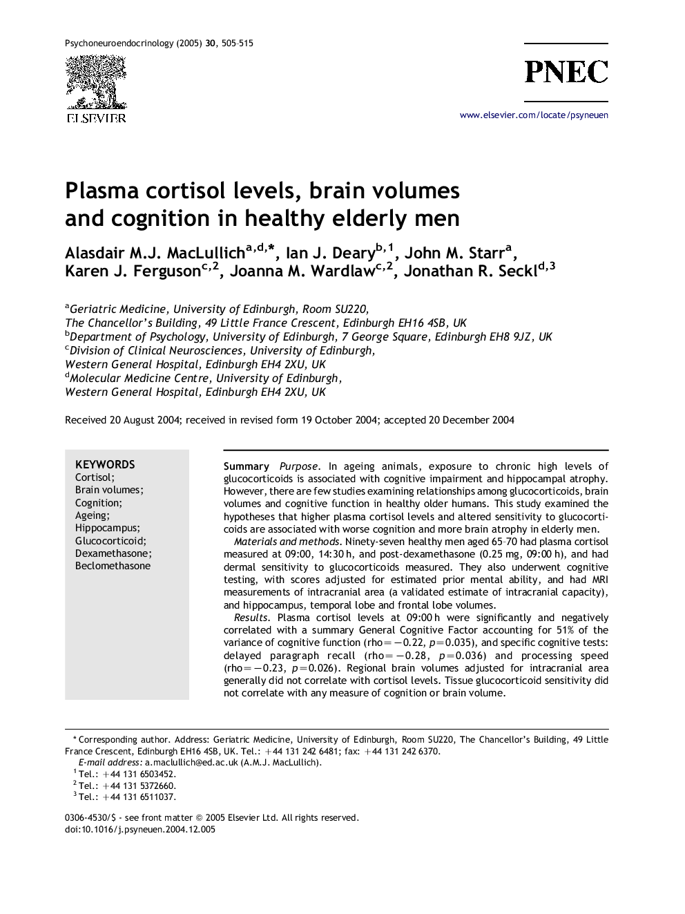Plasma cortisol levels, brain volumes and cognition in healthy elderly men