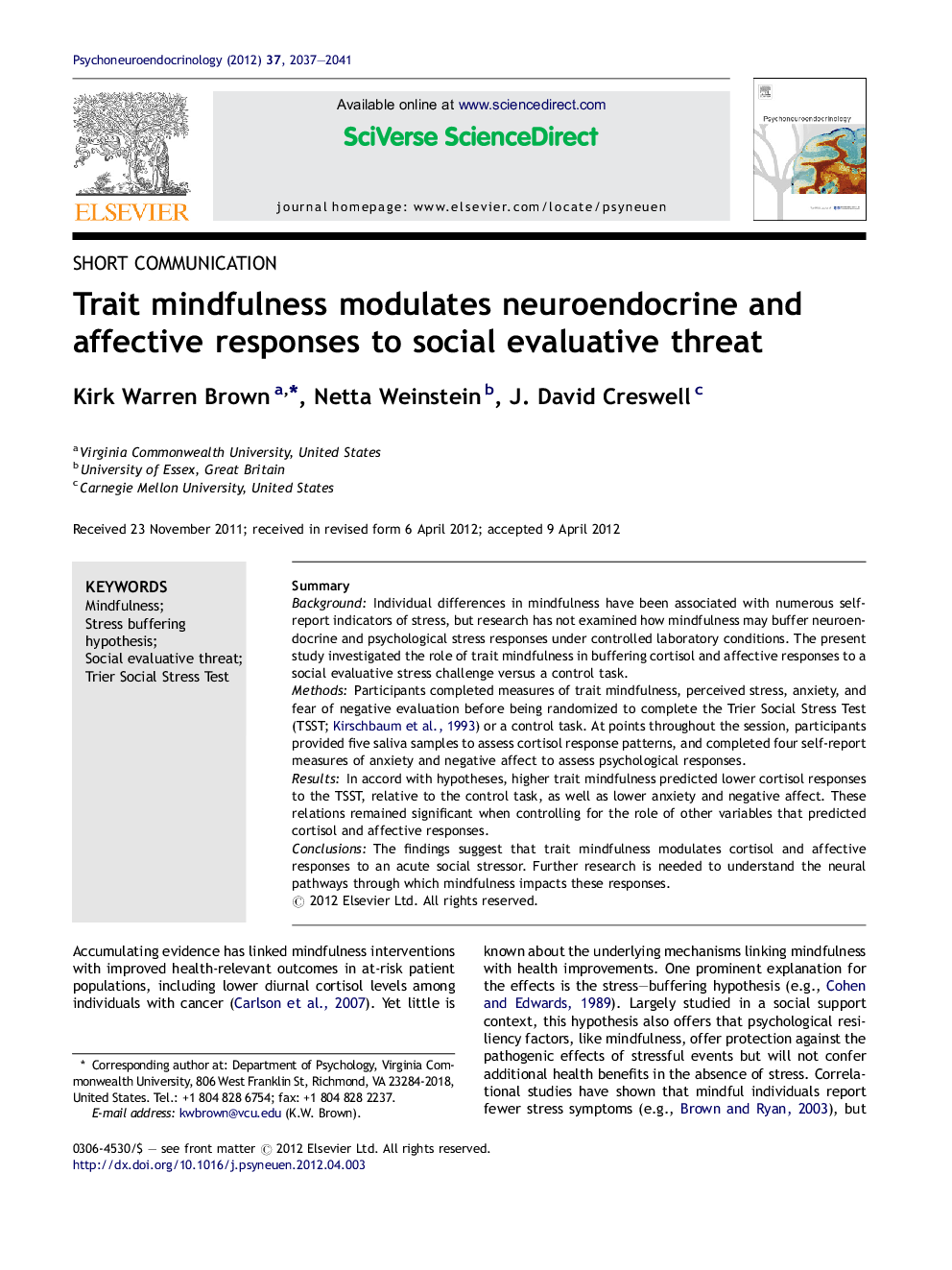 Trait mindfulness modulates neuroendocrine and affective responses to social evaluative threat