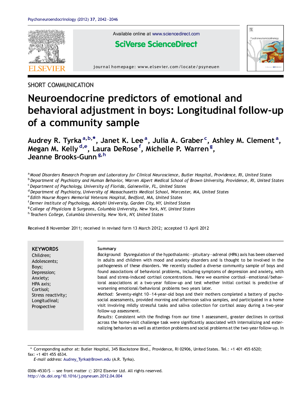 Neuroendocrine predictors of emotional and behavioral adjustment in boys: Longitudinal follow-up of a community sample