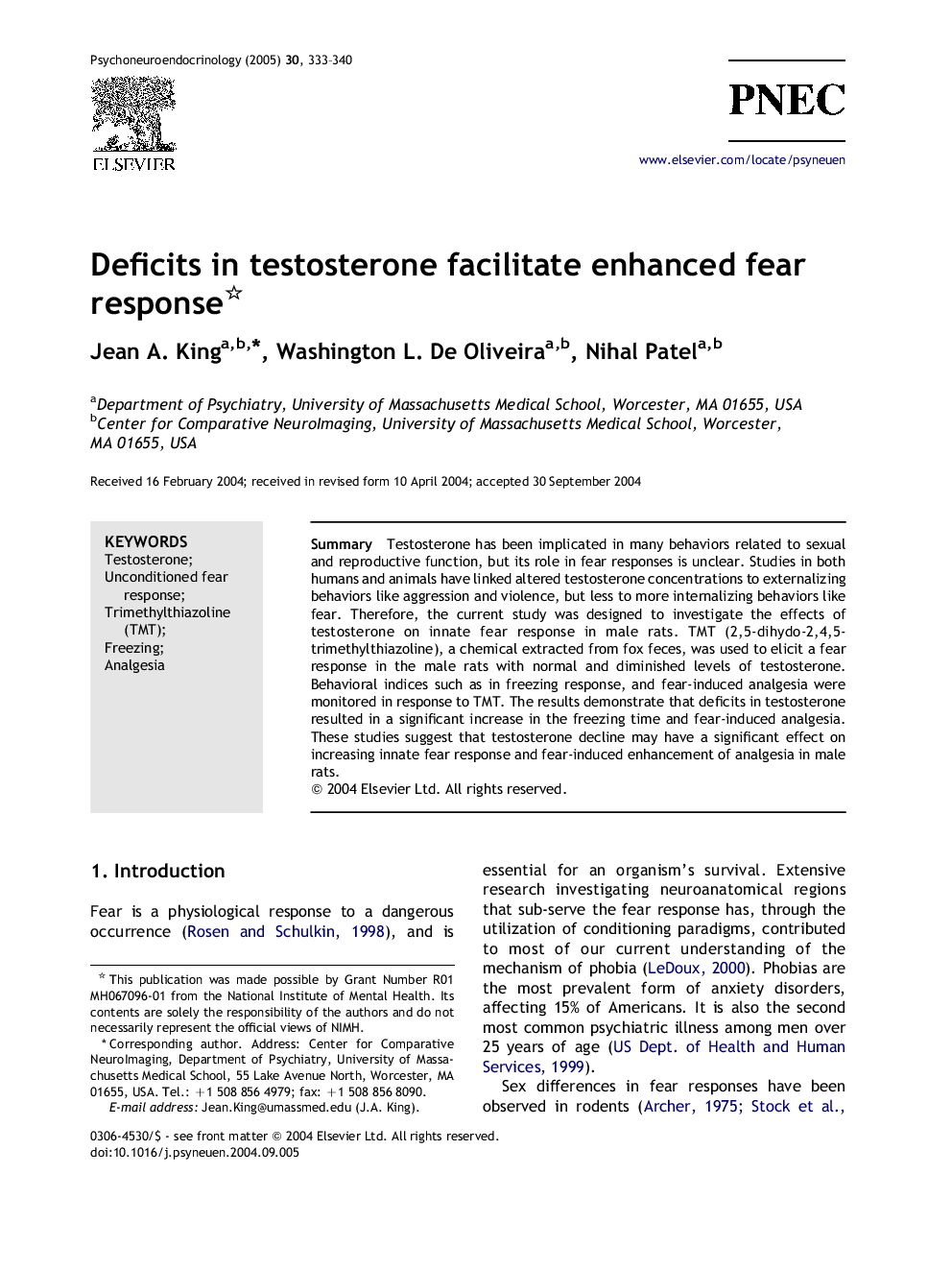 Deficits in testosterone facilitate enhanced fear response