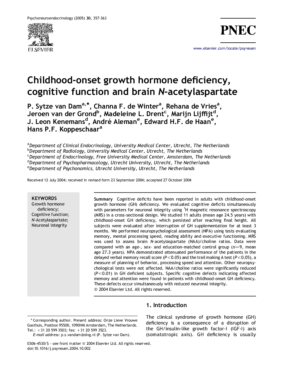 Childhood-onset growth hormone deficiency, cognitive function and brain N-acetylaspartate
