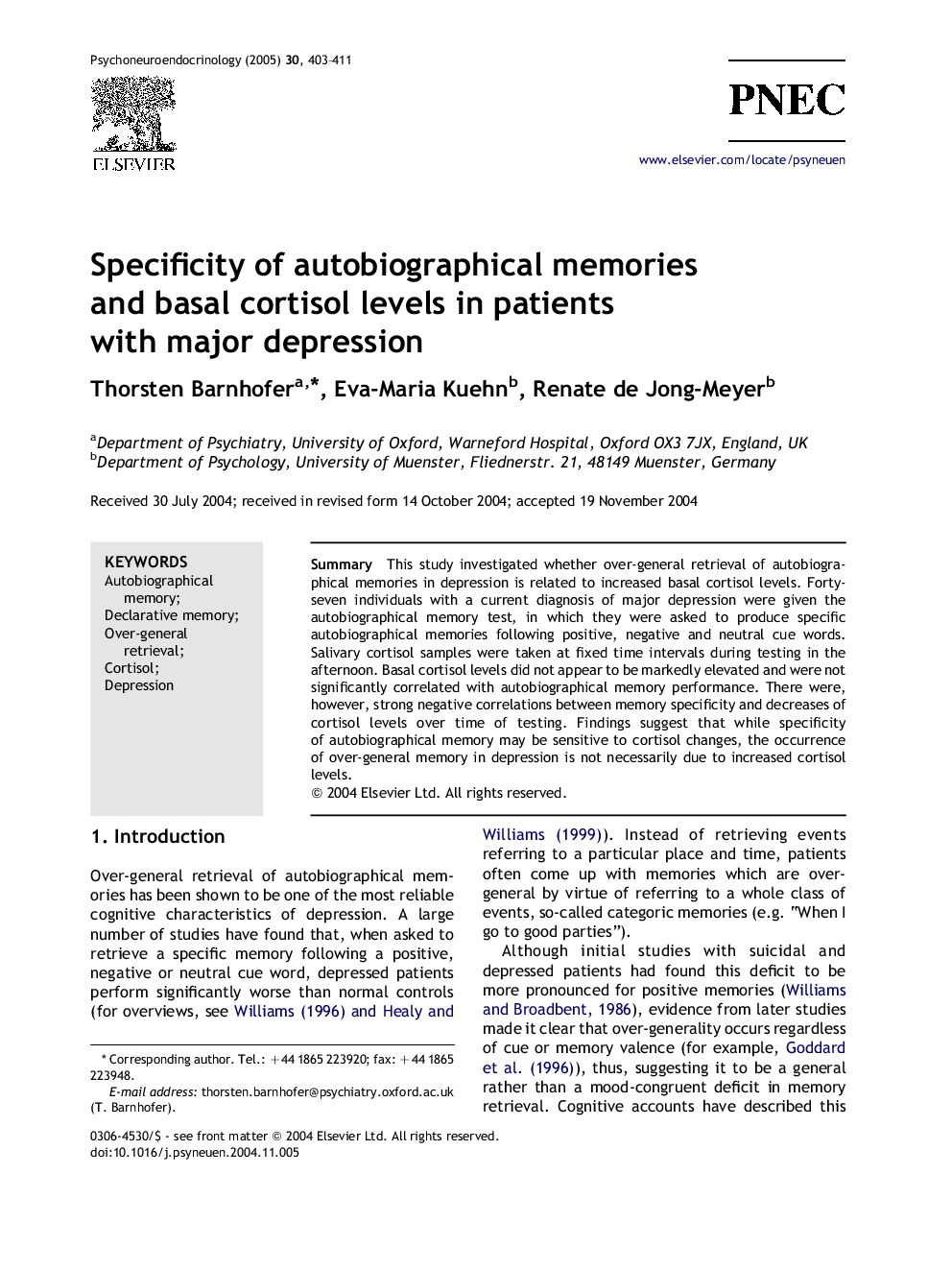 Specificity of autobiographical memories and basal cortisol levels in patients with major depression