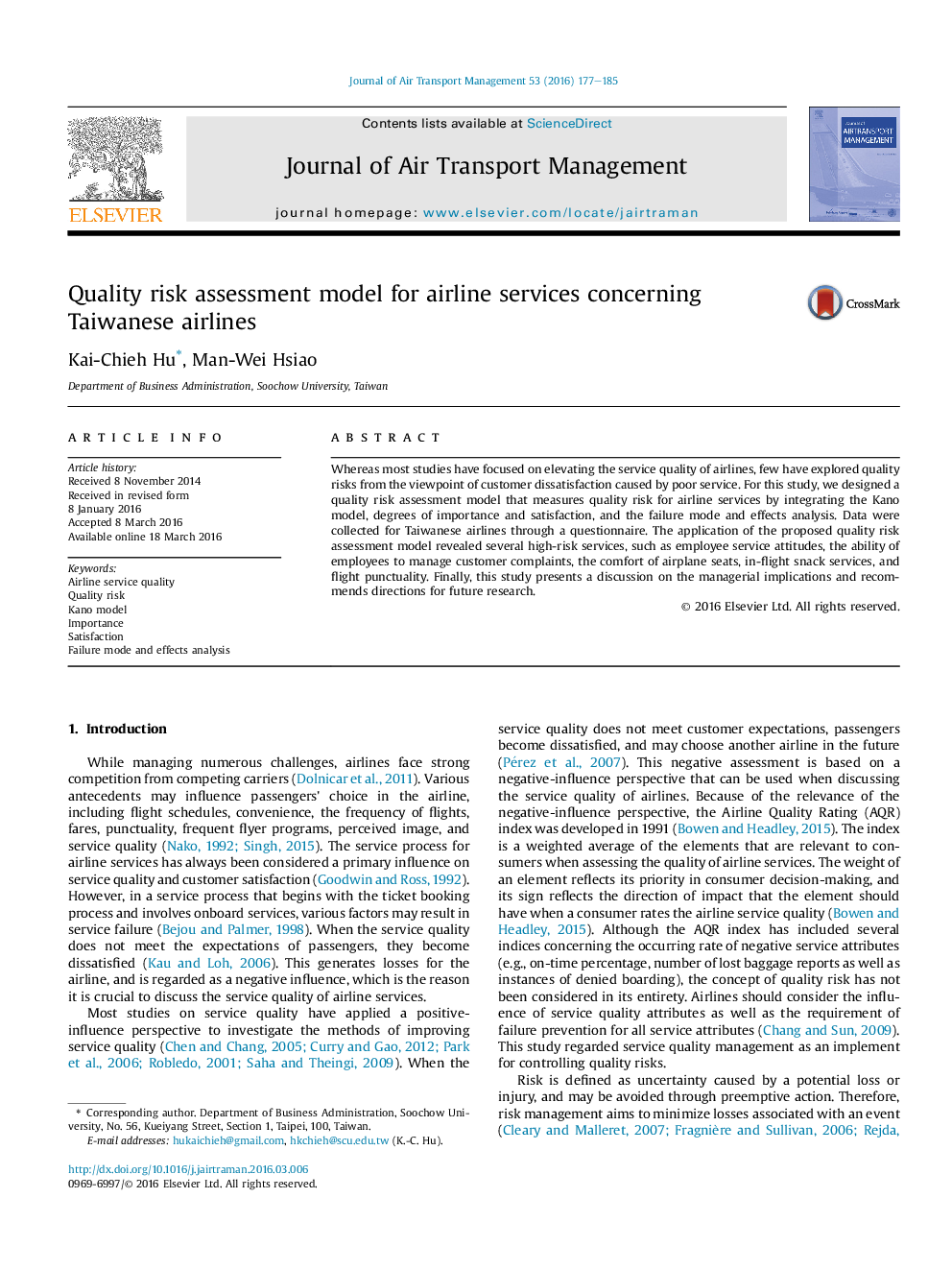 Quality risk assessment model for airline services concerning Taiwanese airlines