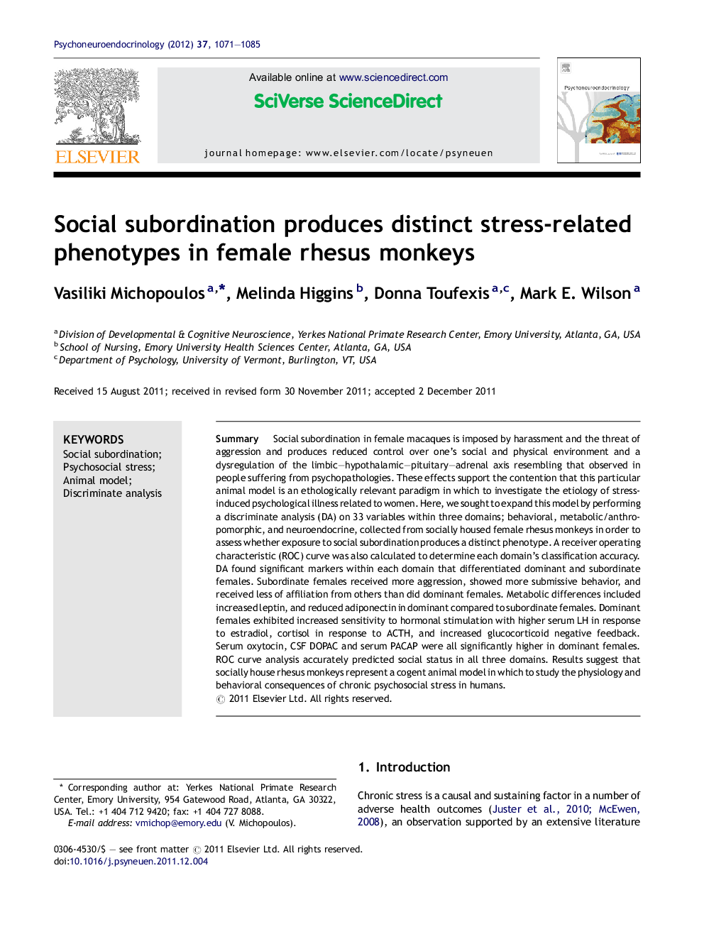 Social subordination produces distinct stress-related phenotypes in female rhesus monkeys