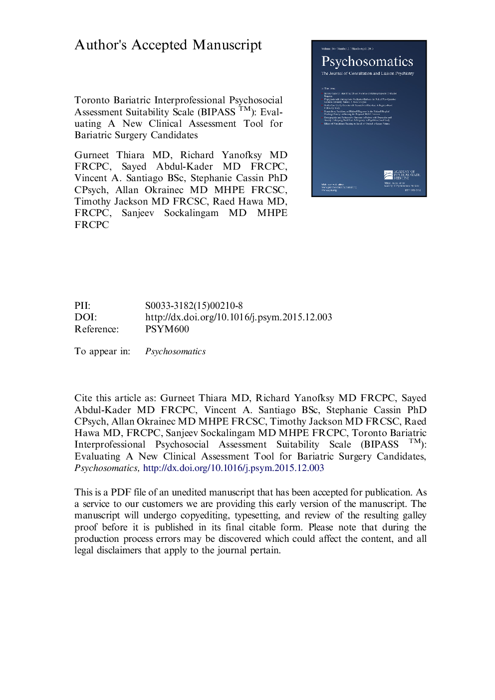 عکس صفحه اول مقاله: Toronto Bariatric Interprofessional Psychosocial Assessment Suitability Scale: Evaluating A New Clinical Assessment Tool for Bariatric Surgery Candidates Toronto Bariatric Interprofessional Psychosocial Assessment Suitability Scale: Evaluating A New Clinical Assessment Tool for Bariatric Surgery Candidates