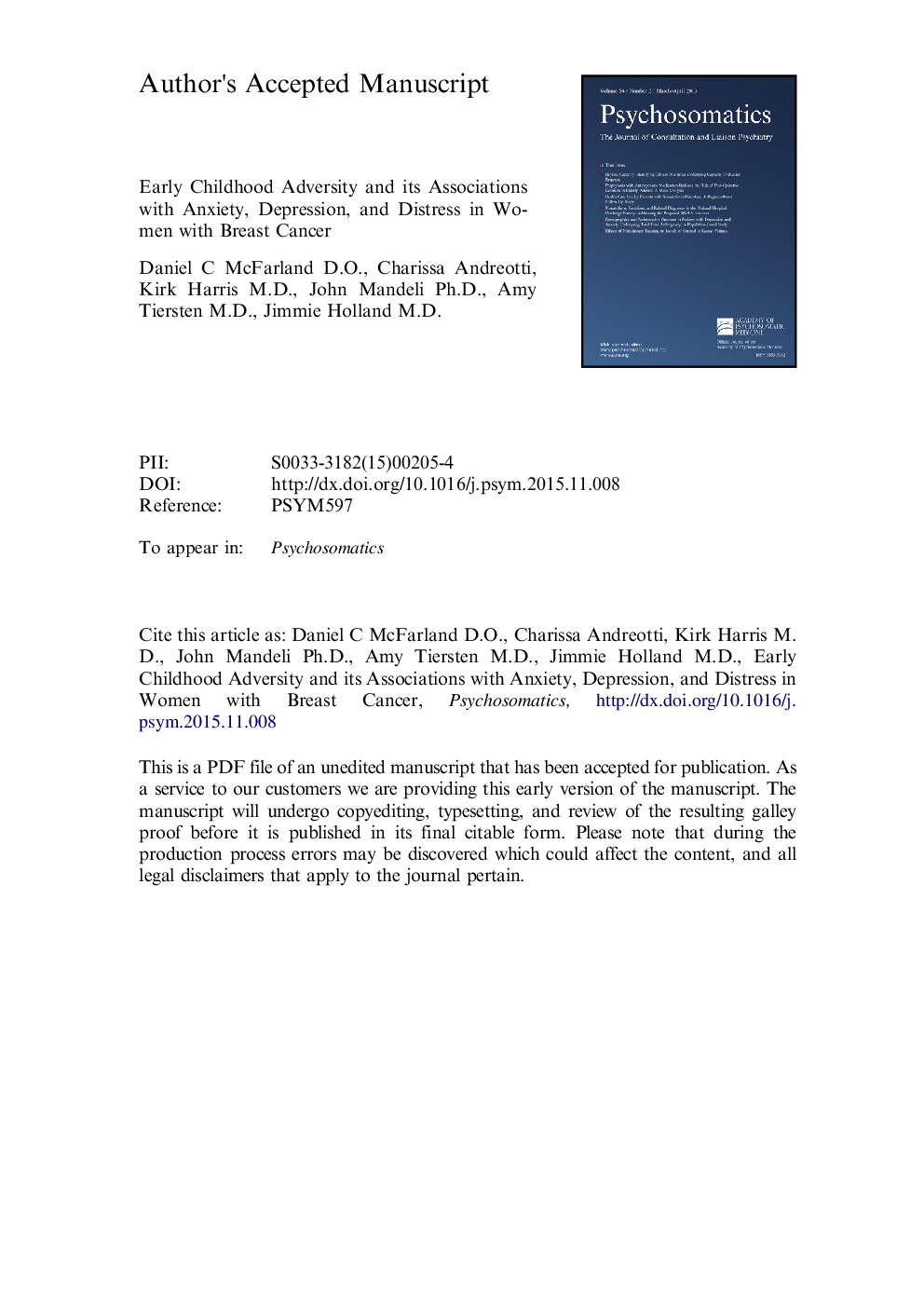 Early Childhood Adversity and its Associations With Anxiety, Depression, and Distress in Women With Breast Cancer