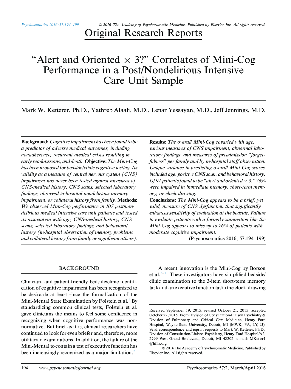 عکس صفحه اول مقاله: “Alert and Oriented à 3?” Correlates of Mini-Cog Performance in a Post/Nondelirious Intensive Care Unit Sample “Alert and Oriented à 3?” Correlates of Mini-Cog Performance in a Post/Nondelirious Intensive Care Unit Sample