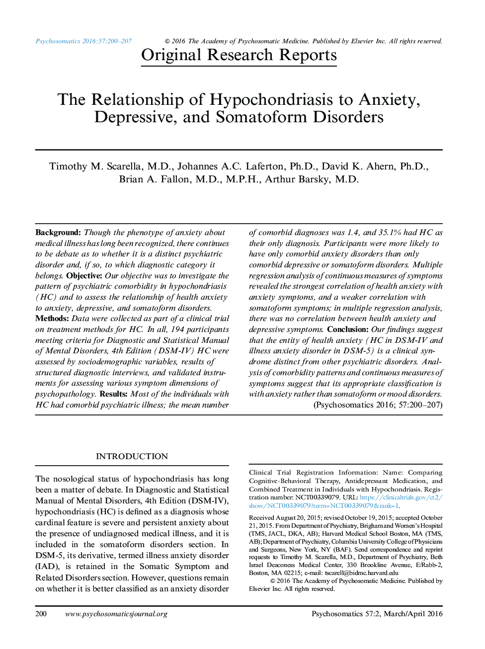 The Relationship of Hypochondriasis to Anxiety, Depressive, and Somatoform Disorders