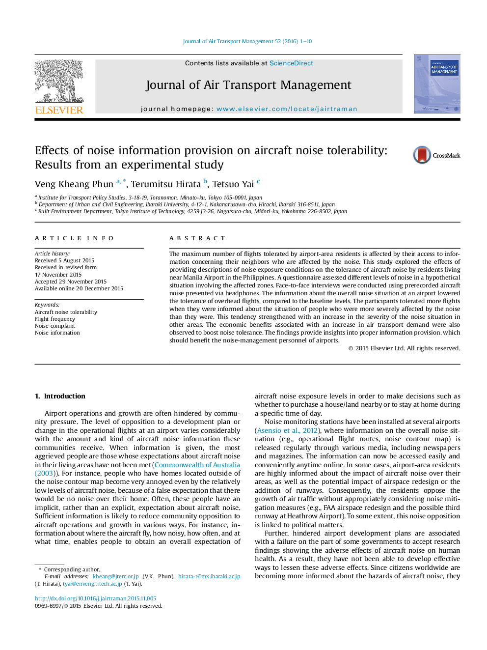 Effects of noise information provision on aircraft noise tolerability: Results from an experimental study