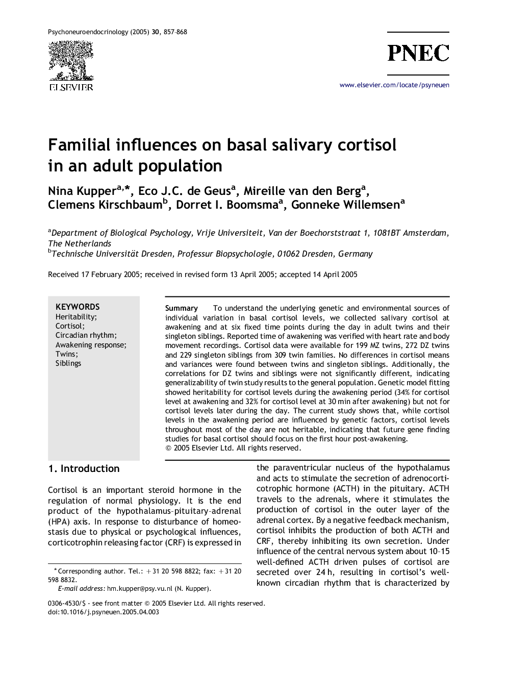 Familial influences on basal salivary cortisol in an adult population