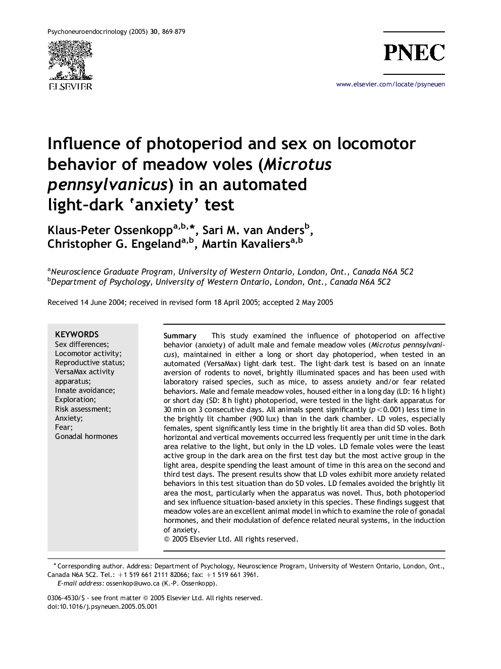 Influence of photoperiod and sex on locomotor behavior of meadow voles (Microtus pennsylvanicus) in an automated light-dark 'anxiety' test