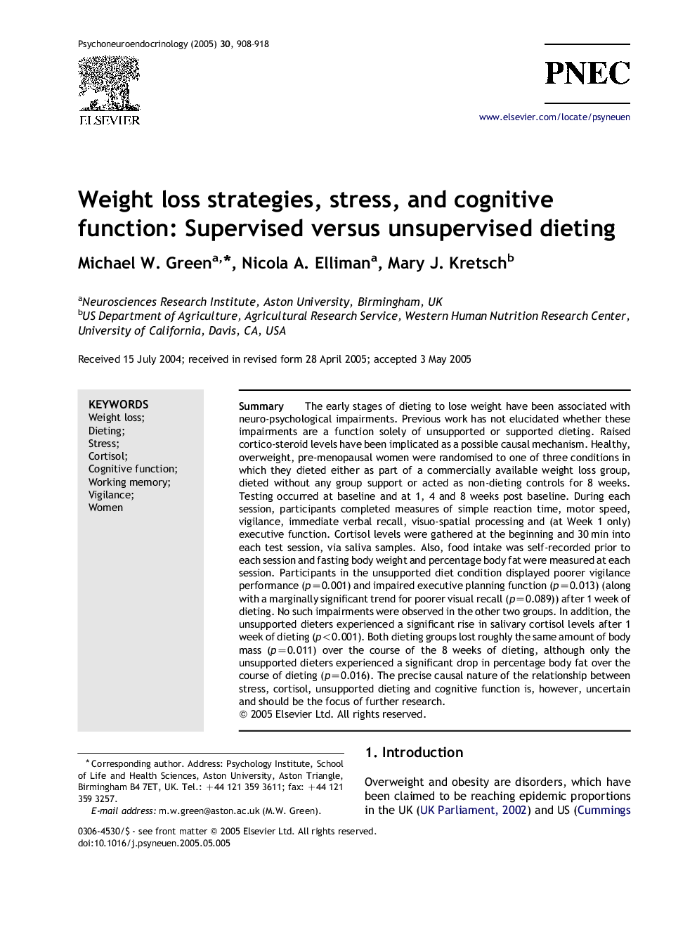 Weight loss strategies, stress, and cognitive function: Supervised versus unsupervised dieting