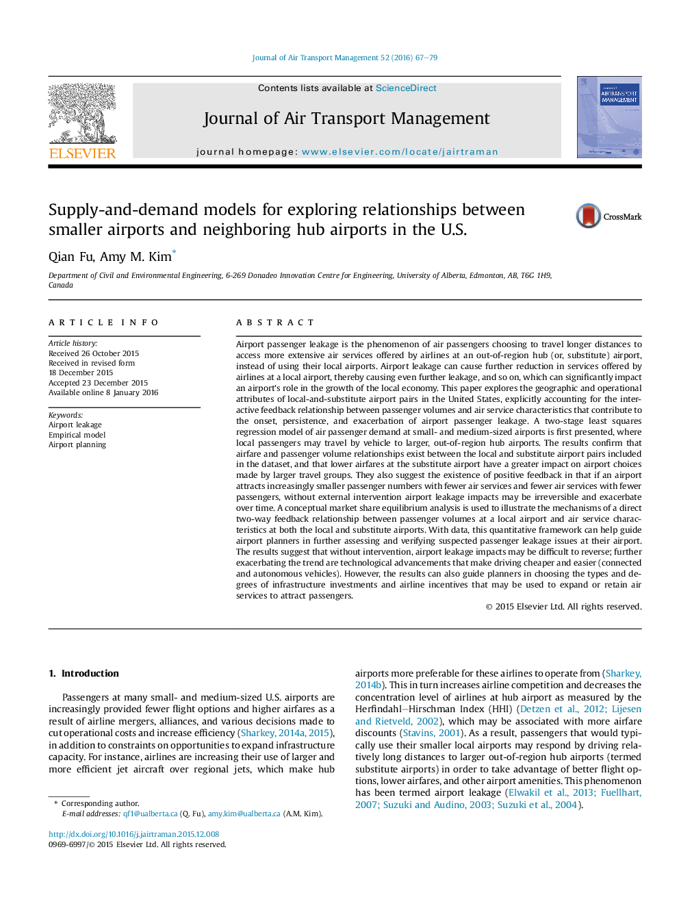 Supply-and-demand models for exploring relationships between smaller airports and neighboring hub airports in the U.S.