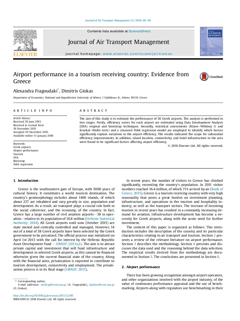 Airport performance in a tourism receiving country: Evidence from Greece