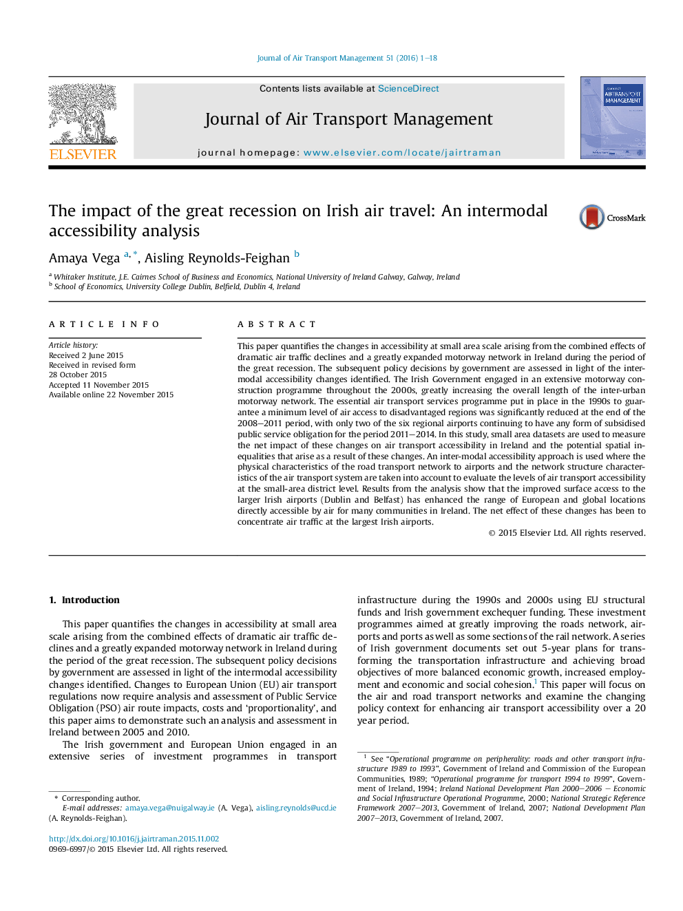 The impact of the great recession on Irish air travel: An intermodal accessibility analysis