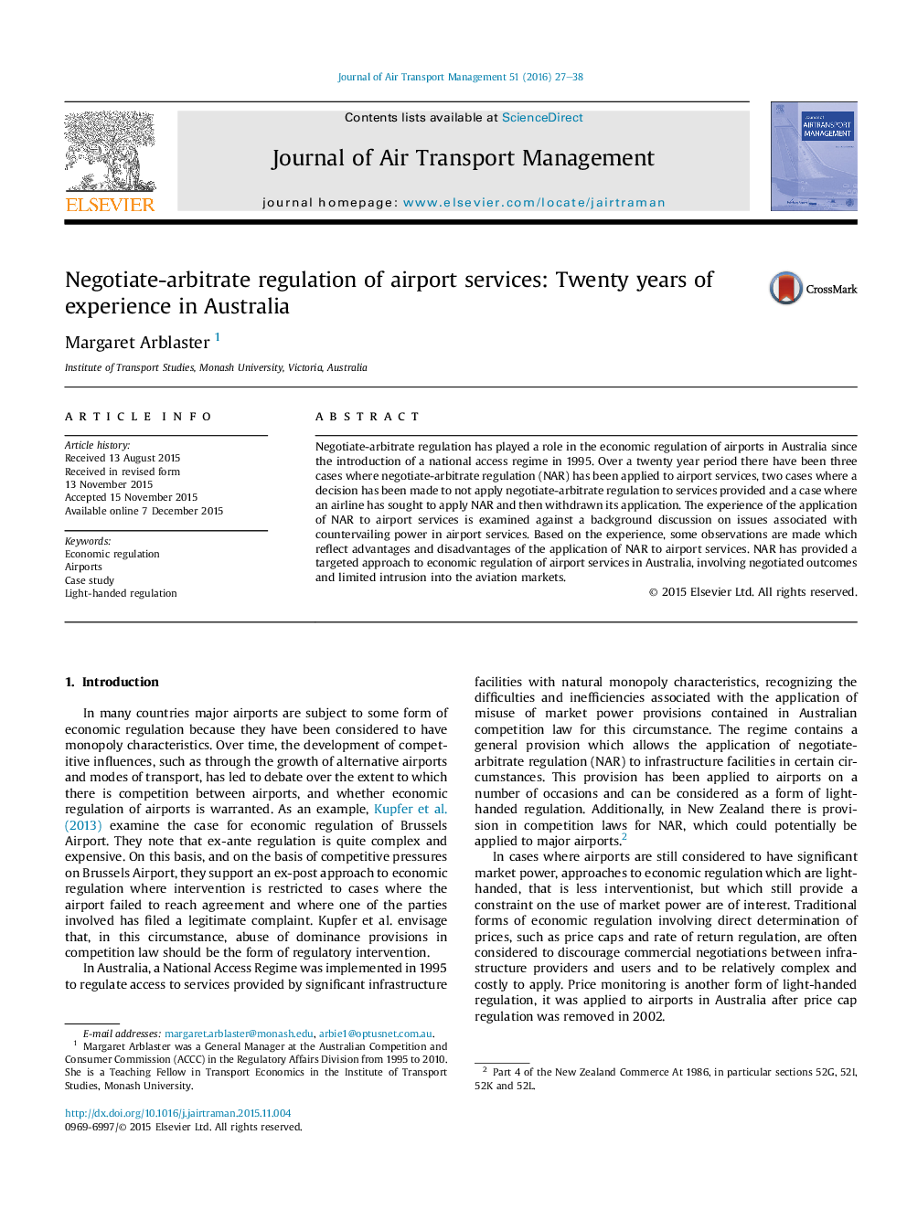 Negotiate-arbitrate regulation of airport services: Twenty years of experience in Australia