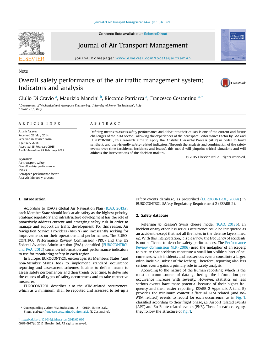 Overall safety performance of the air traffic management system: Indicators and analysis