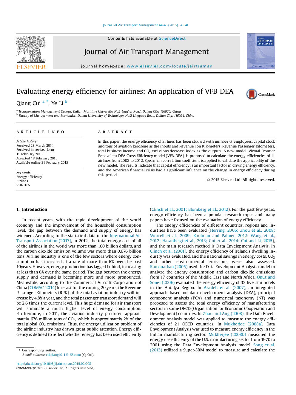 Evaluating energy efficiency for airlines: An application of VFB-DEA