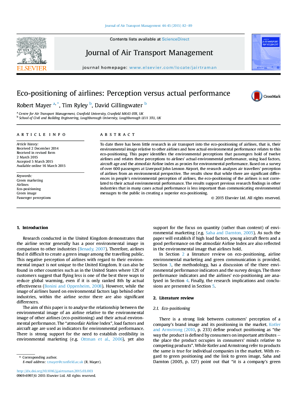 Eco-positioning of airlines: Perception versus actual performance