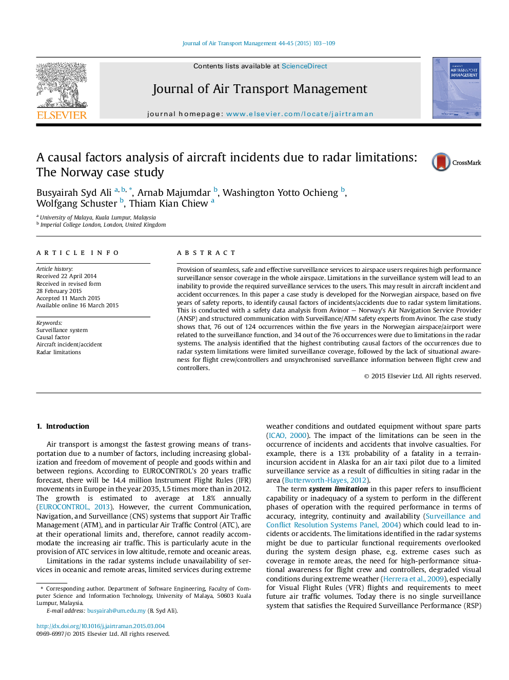 A causal factors analysis of aircraft incidents due to radar limitations: The Norway case study