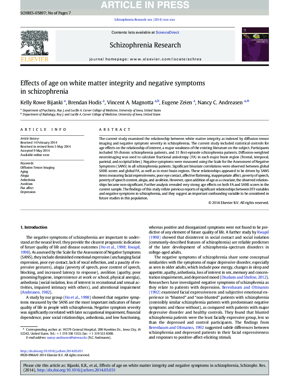 Effects of age on white matter integrity and negative symptoms in schizophrenia