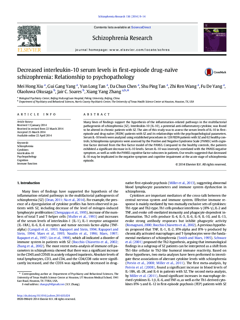 Decreased interleukin-10 serum levels in first-episode drug-naïve schizophrenia: Relationship to psychopathology