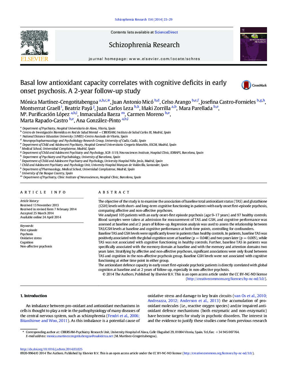 Basal low antioxidant capacity correlates with cognitive deficits in early onset psychosis. A 2-year follow-up study