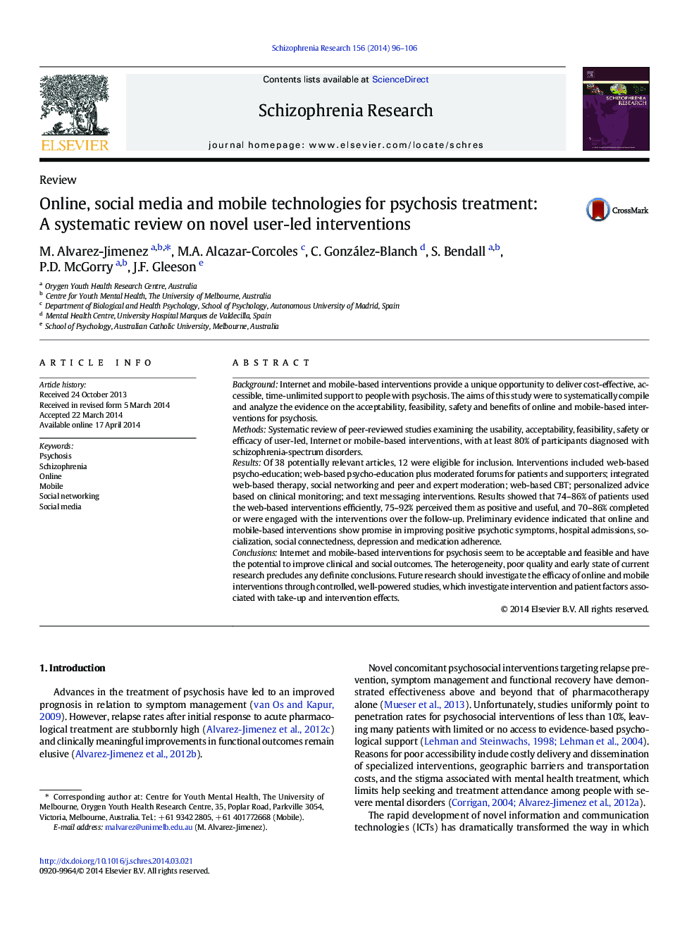 Online, social media and mobile technologies for psychosis treatment: A systematic review on novel user-led interventions