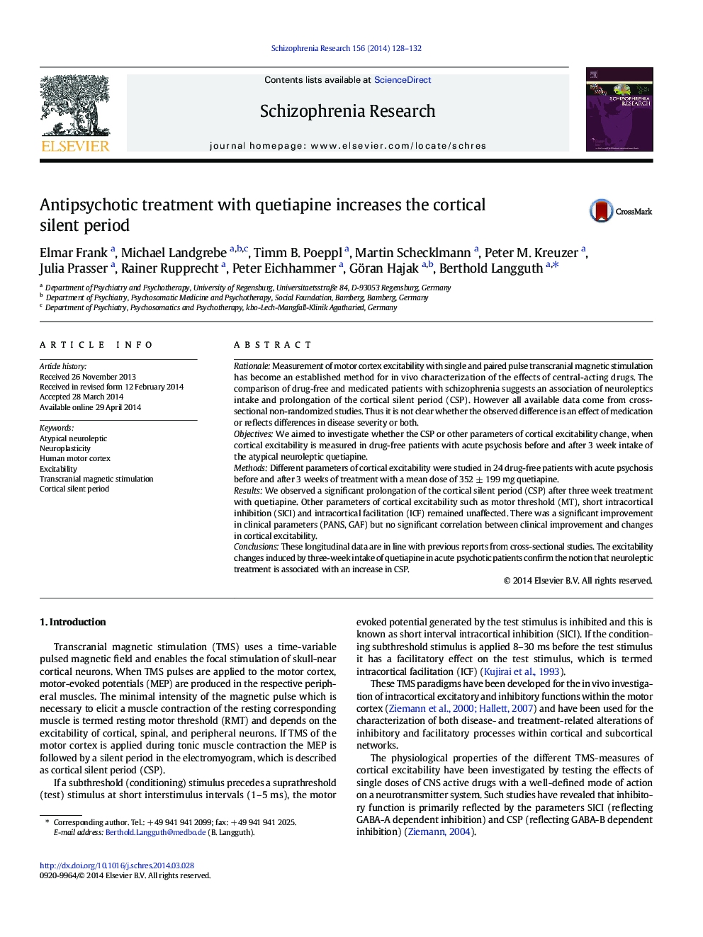 Antipsychotic treatment with quetiapine increases the cortical silent period