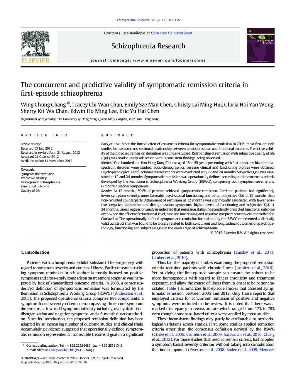 The concurrent and predictive validity of symptomatic remission criteria in first-episode schizophrenia