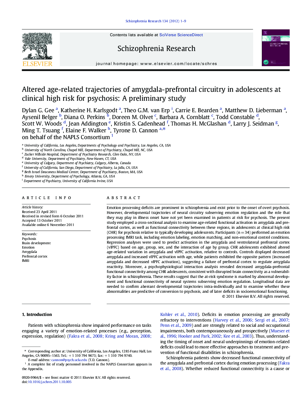 Altered age-related trajectories of amygdala-prefrontal circuitry in adolescents at clinical high risk for psychosis: A preliminary study