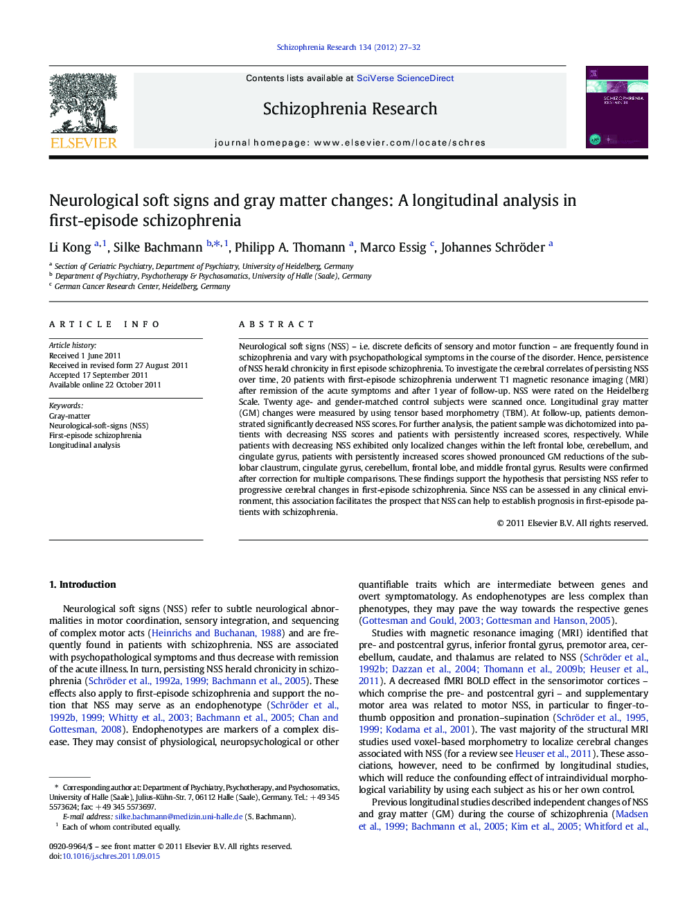 Neurological soft signs and gray matter changes: A longitudinal analysis in first-episode schizophrenia