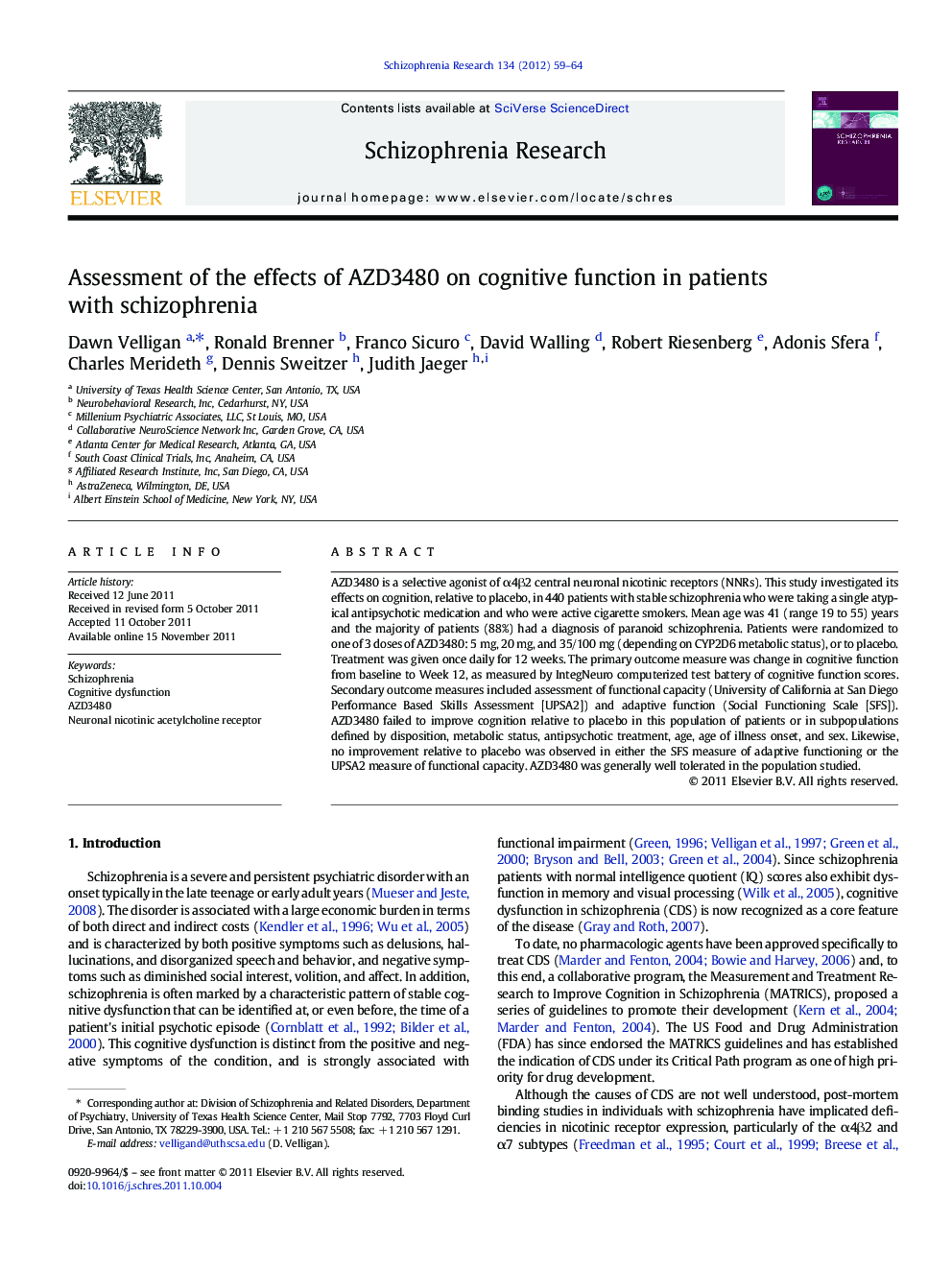 Assessment of the effects of AZD3480 on cognitive function in patients with schizophrenia