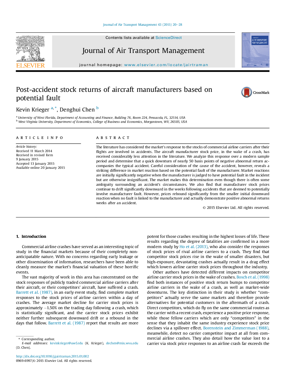 Post-accident stock returns of aircraft manufacturers based on potential fault