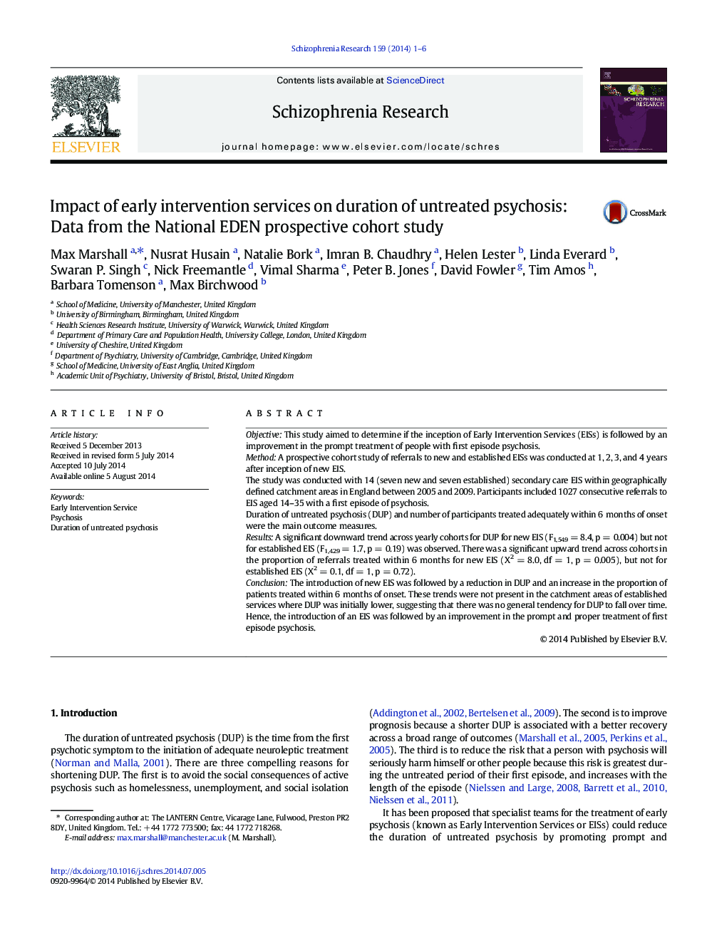 Impact of early intervention services on duration of untreated psychosis: Data from the National EDEN prospective cohort study