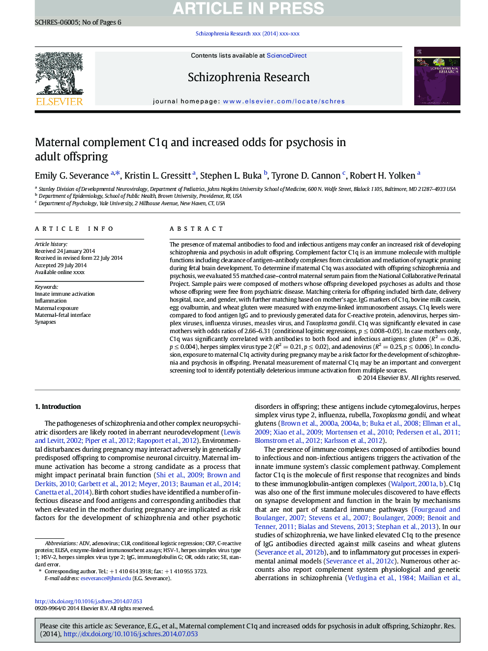 Maternal complement C1q and increased odds for psychosis in adult offspring