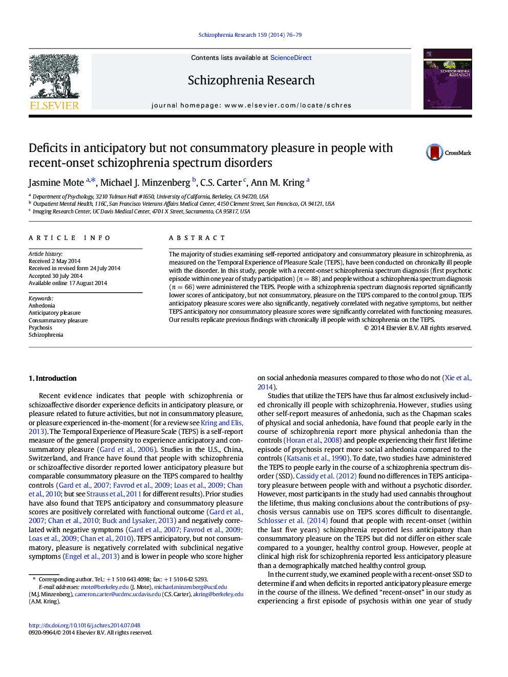 Deficits in anticipatory but not consummatory pleasure in people with recent-onset schizophrenia spectrum disorders