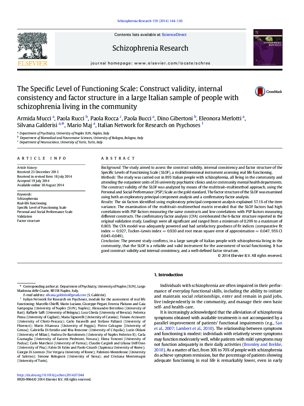 The Specific Level of Functioning Scale: Construct validity, internal consistency and factor structure in a large Italian sample of people with schizophrenia living in the community