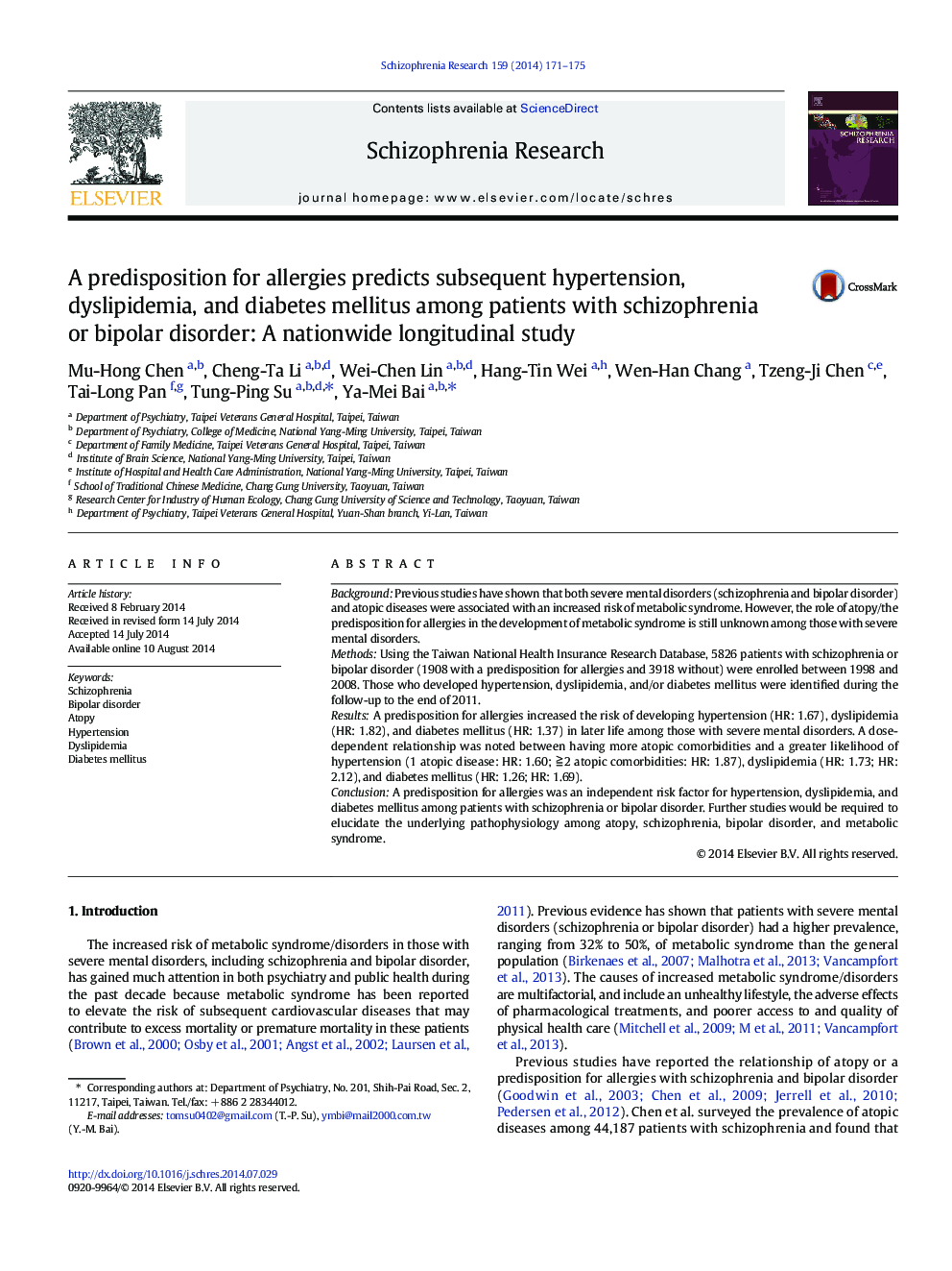 A predisposition for allergies predicts subsequent hypertension, dyslipidemia, and diabetes mellitus among patients with schizophrenia or bipolar disorder: A nationwide longitudinal study