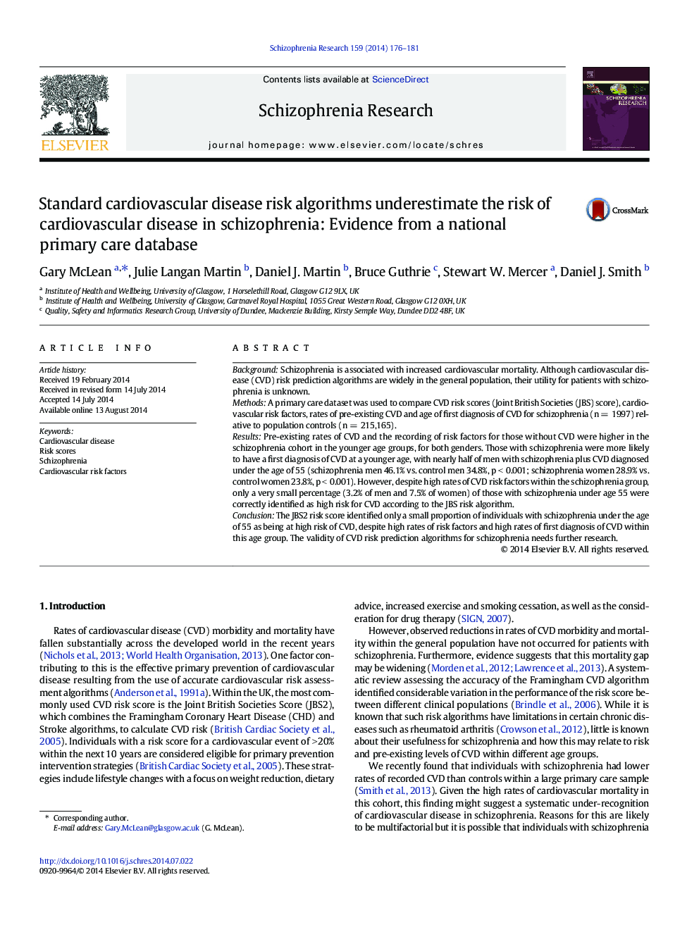 Standard cardiovascular disease risk algorithms underestimate the risk of cardiovascular disease in schizophrenia: Evidence from a national primary care database