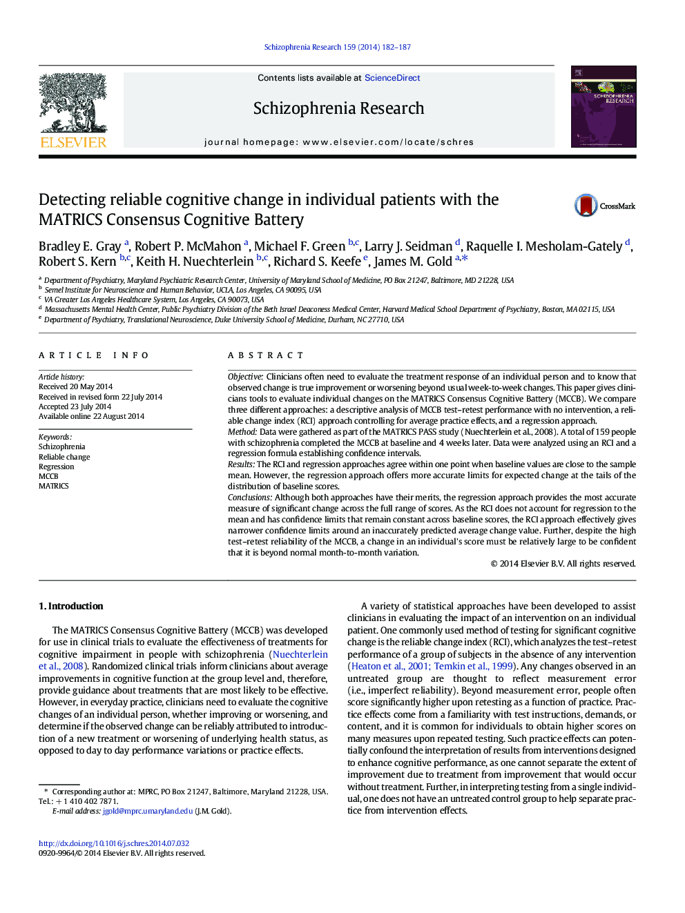 Detecting reliable cognitive change in individual patients with the MATRICS Consensus Cognitive Battery