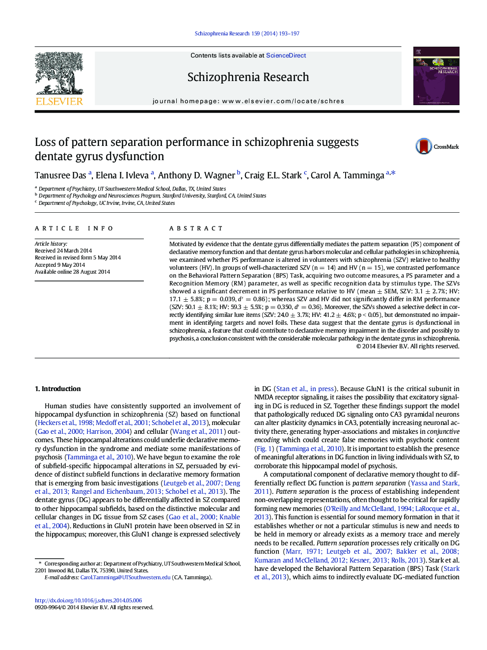 Loss of pattern separation performance in schizophrenia suggests dentate gyrus dysfunction